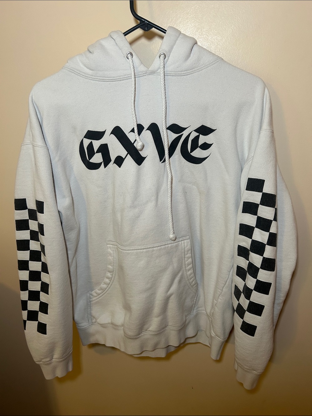 GXVE by Gwen Stefani White Hoodie Black Gothic Logo Checkerboard Sleeves Medium